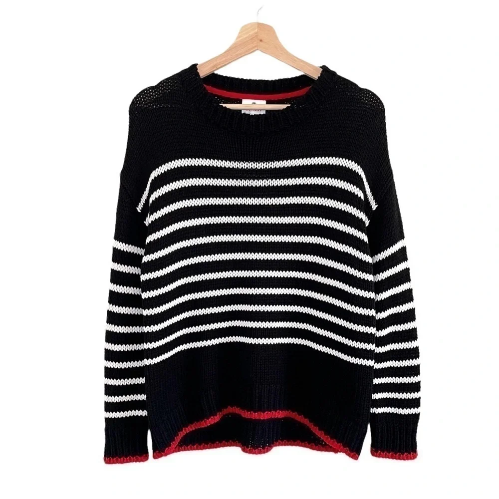 Sundry Wool Blend Relaxed Knit Pullover Sweater Black White Stripe Small